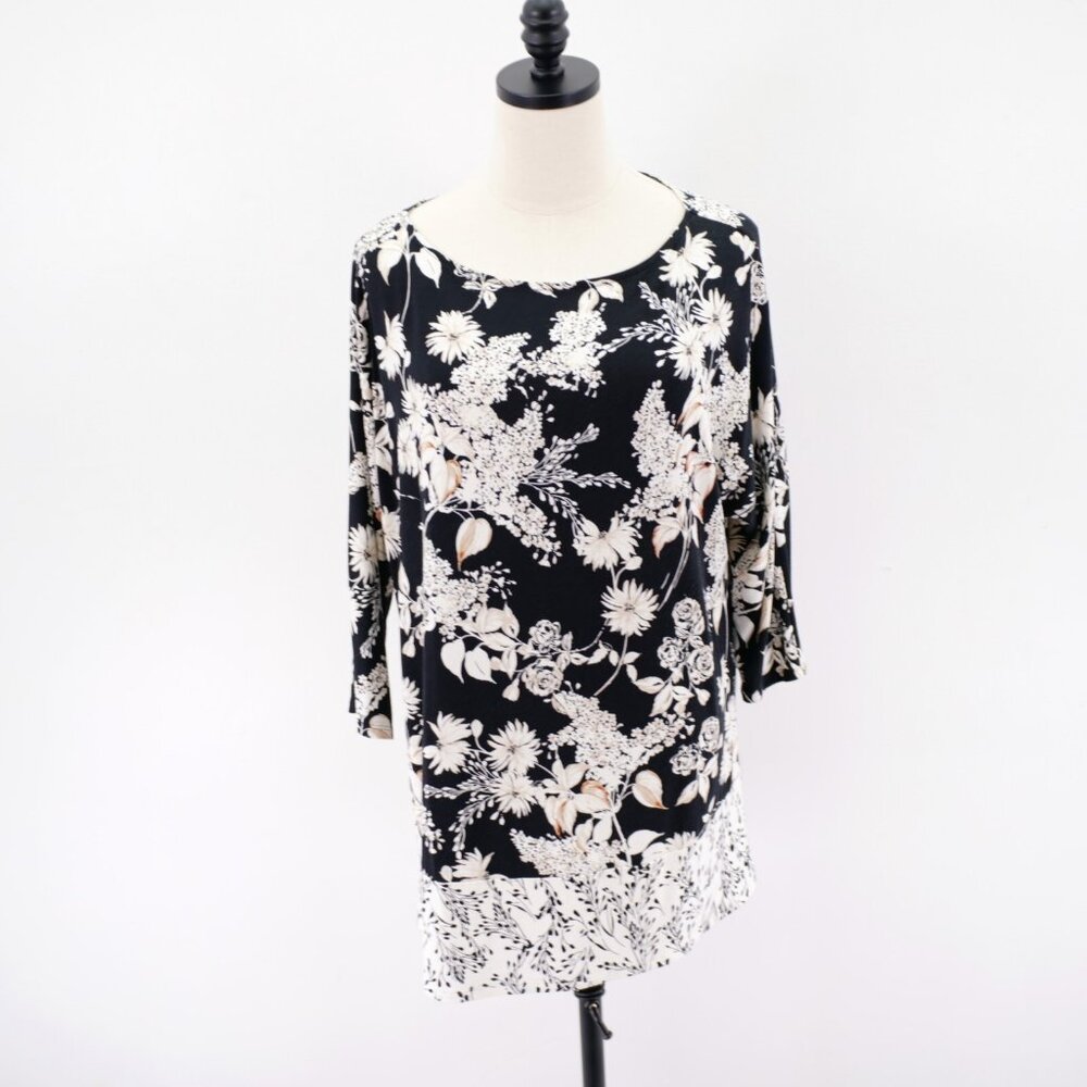 J. Jill Black Tan White Floral Petite Medium Long Sleeve Blouse Top Wearever Col